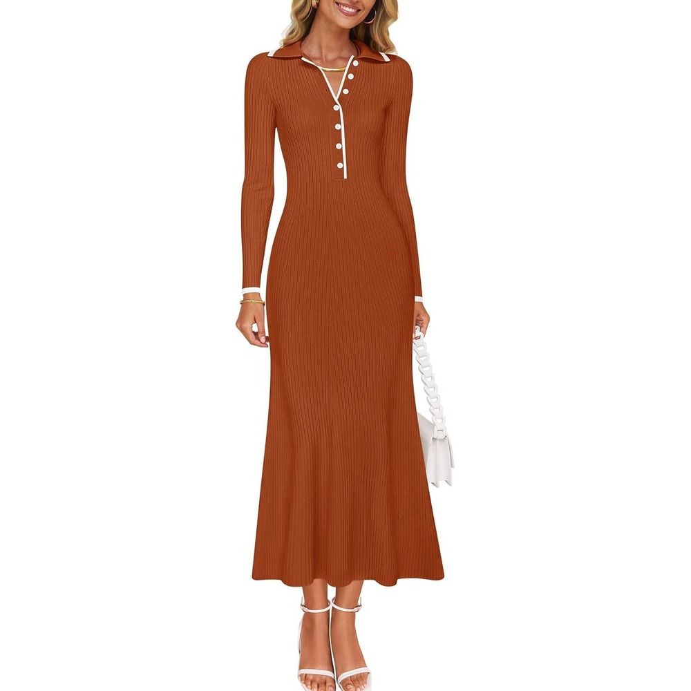 ZESICA Womens Ribbed Knit Maxi Dress Rust Orange White Contrast Collar Size L